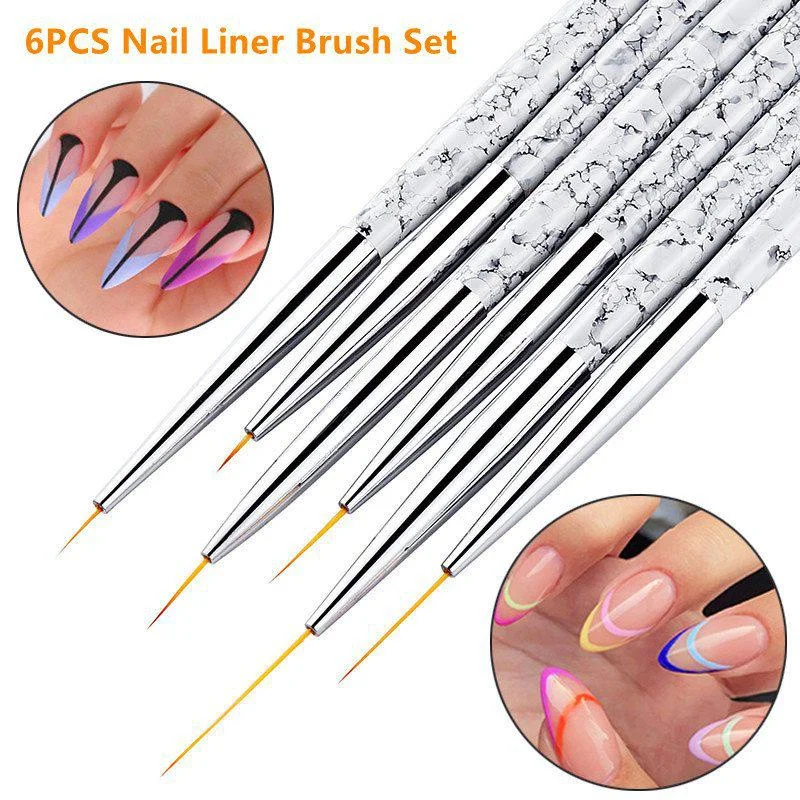 6PCS Nail Art Liner Brush Set White Marble Pattern French Stripe Line Painting Drawing Flower Pen