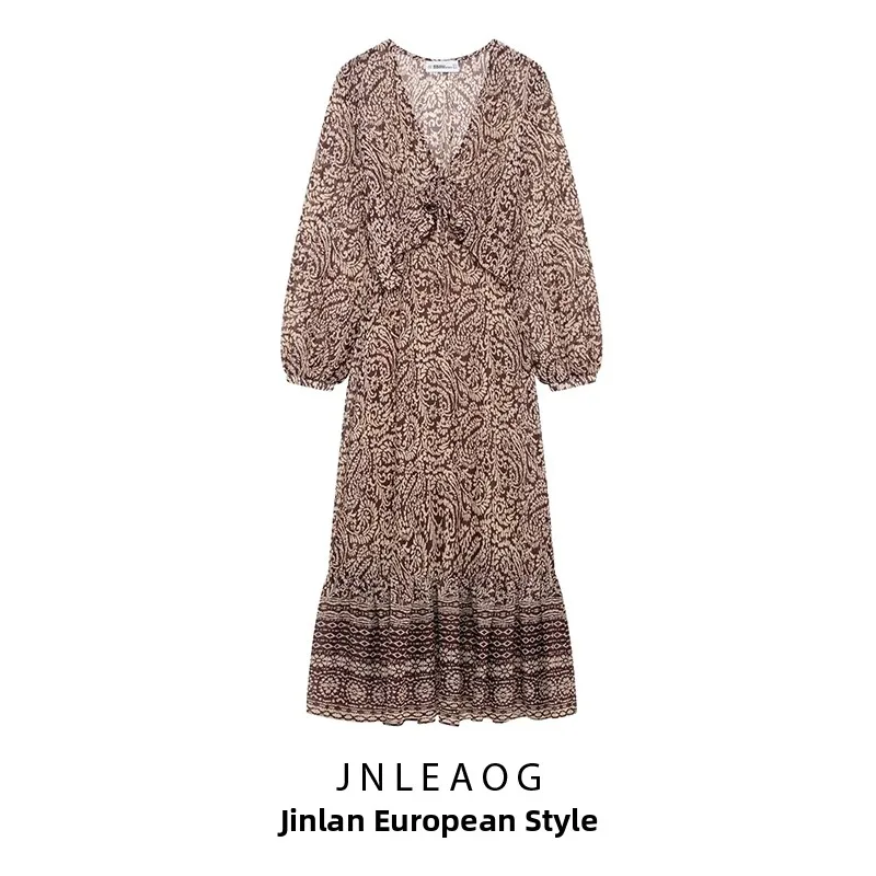 Vestido Midi E com Estampa Decorativa em Camadas, Nova Chegada de Primavera, Moda Fena JNLEAOG, Manga Longa, Decot...