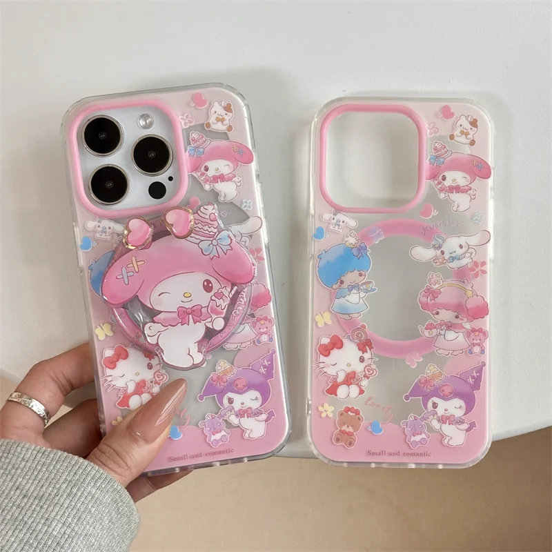 

Cute Gemini Kitty Cinnamoroll Kuromi Magsafe Wireless Charge Phone Case For iPhone 13 14 15 16 Pro Max Melody Magnetic Stand