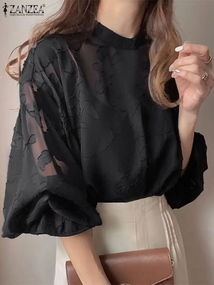 ZANZEA Elegant Ruffle Patchwork Tunic Women Mesh Party Blouse 2024 Autumn Vintage Long Lantern Sleeve Tops Fashion Holiday Shirt