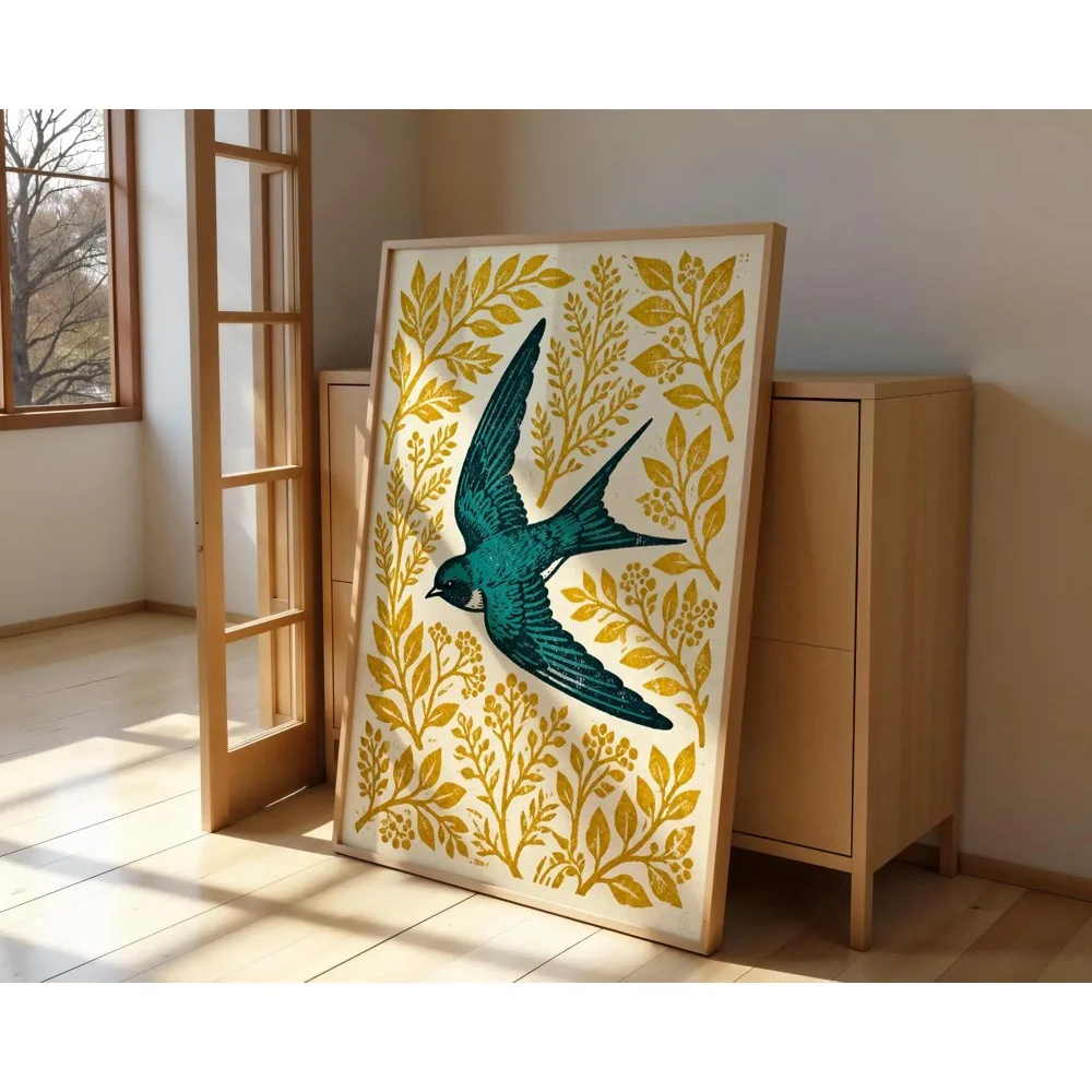 Frameless,Swallow Bird Printing,Folk Art Plant Poster,Blue-green Gold Flower Wall Art,Bohemian Style,Living Room Bedroom Decor