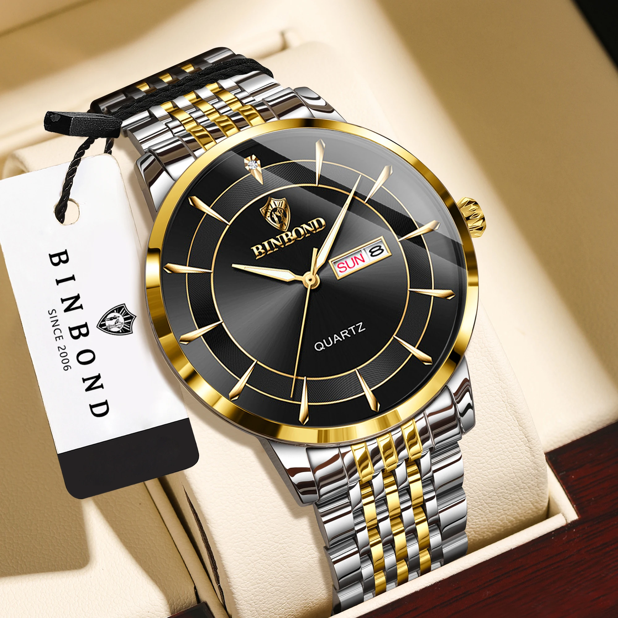 BINBOND Waterproof Luminous Simple Quartz Watches For Men Luxury Precise Auto Date Week Display Men's Watch Durable Reloj