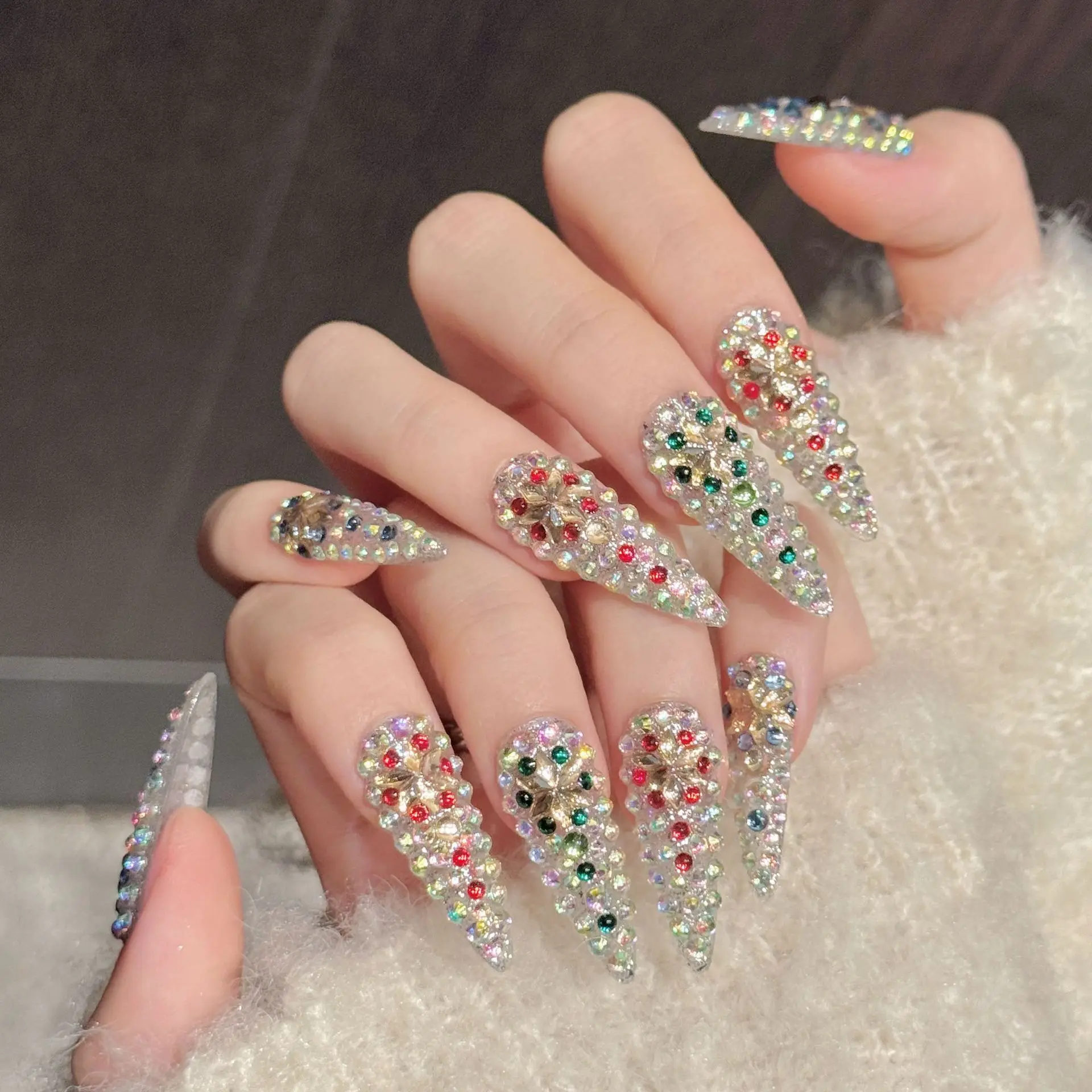 10pcs Handmade Long Tip Press On Nails Full Color Diamond Design Sweet Cool Fake Nails Wearable Nails Art Tips For Spice Girls