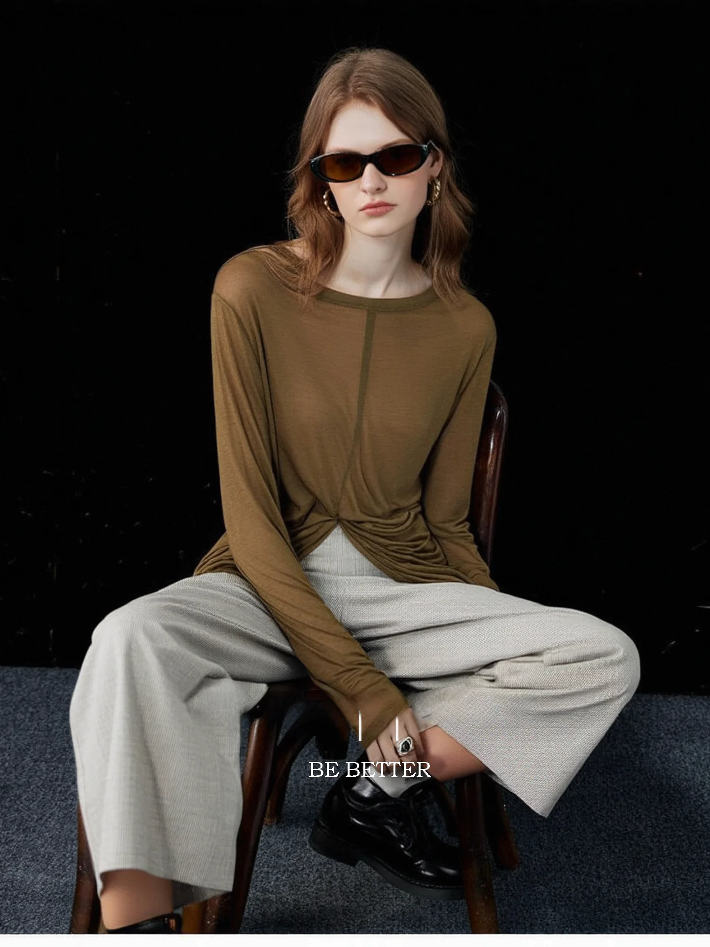 

Huaappuw Women's Loose Long Sleeve T-Shirt Summer New Style Front And Back Wear Open Split Knot Design Sun Protection Top