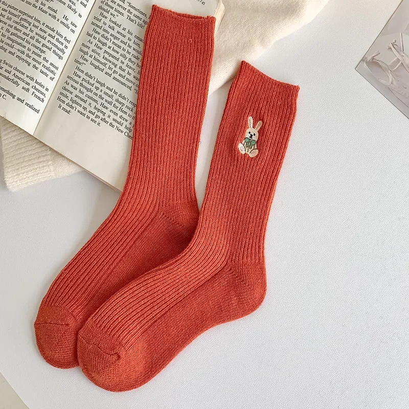 Macarone Embroidered Wool Socks Lady Solid Color Casual Cotton Socks Rabbit Pattern High Appearance Level Mid Tube Socks