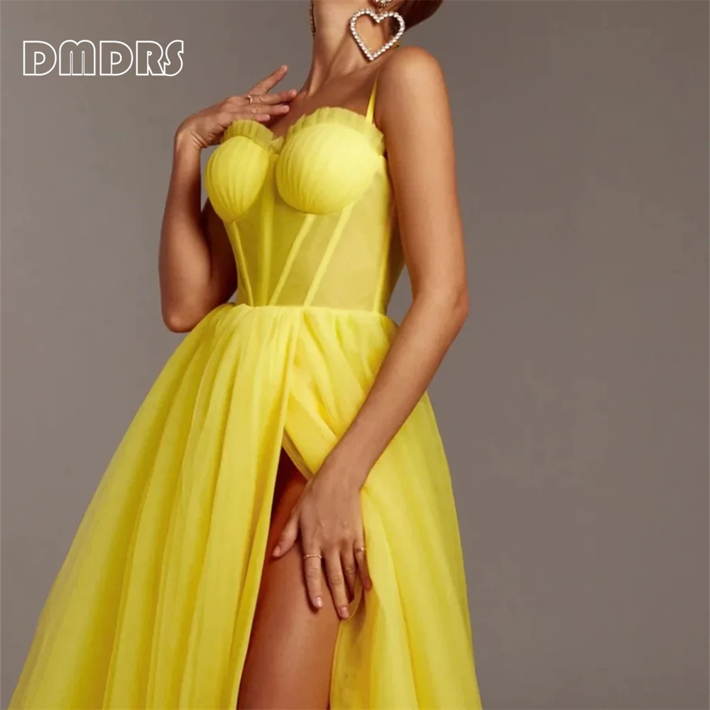 Robe de Soirée Longue en Tulle Jaune pour Femme, Corset, Fente Latérale, Formelle, Ligne A, Sur Mesure