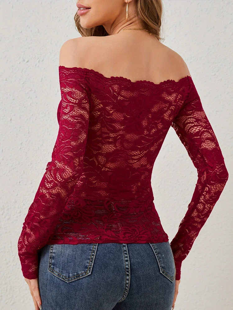 Nova moda sexy fora do ombro ver através de renda camisetas femininas elegante primavera mulher topos senhora do escritório manga longa magro tshirt