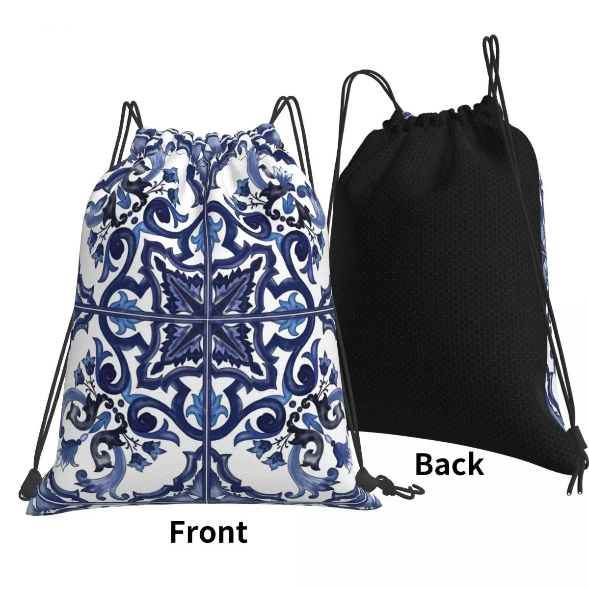 Blue Ornate Floral Mediterranean Sicilian Tile Backpacks Portable Drawstring Bags Sports Bag Book Bags for Man Woman School