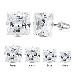 2 Stylish Stainless Steel 4 Claw Square Cubic Zirconia Stud Earrings For Men And Women 4/5/6/7mm Zircon Stud Earrings