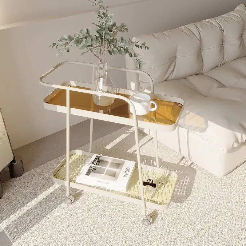 Medieval Glass Small Cart Living Room Movable Wheeled Side Table Luxury Modern Simple Sliding Table Small Coffee Table Furniture