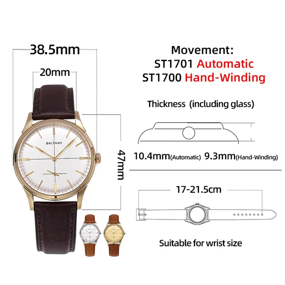 

Baltany Mechanical Dress Watches for man Crosshair Dial Small Seconds Retro Watch ST1701 Automatic Movement Waterproof