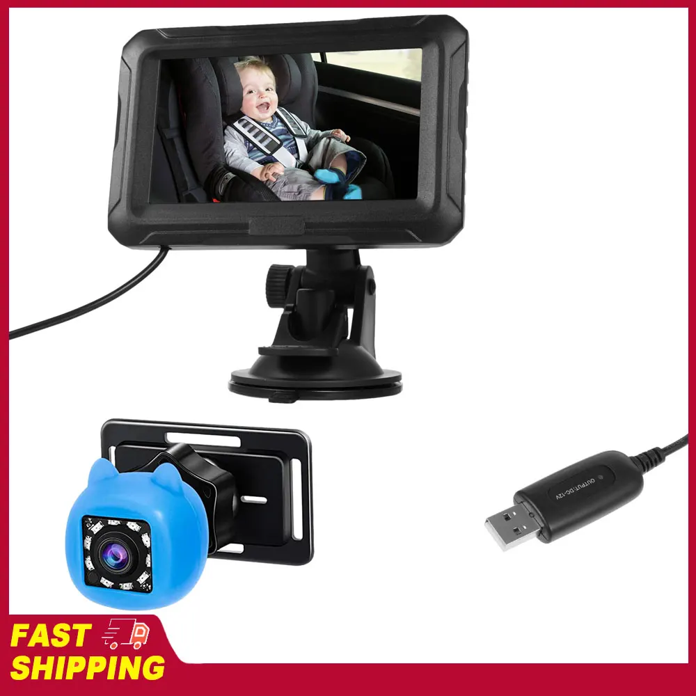 Espelho de Carro para Bebê com Monitor 1080P e Câmera USB, Câmera para Bebê de 4.3" com Visão Noturna 150 ° Ângulo de Visão para Bebês, Crianças e Animais de Estimação