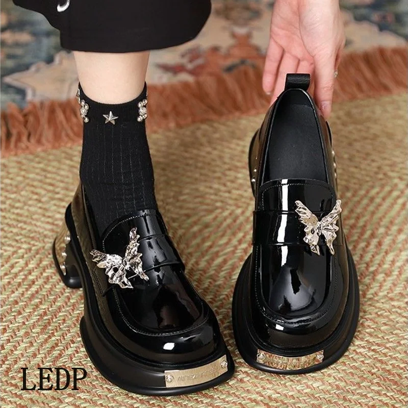 LEDP Brand Loafers Mary Jane Women 2024 Summer Metal Butterfly Thick Sole Deep Mouth Elevating Single Shoe Lolita 4.5CM Pump