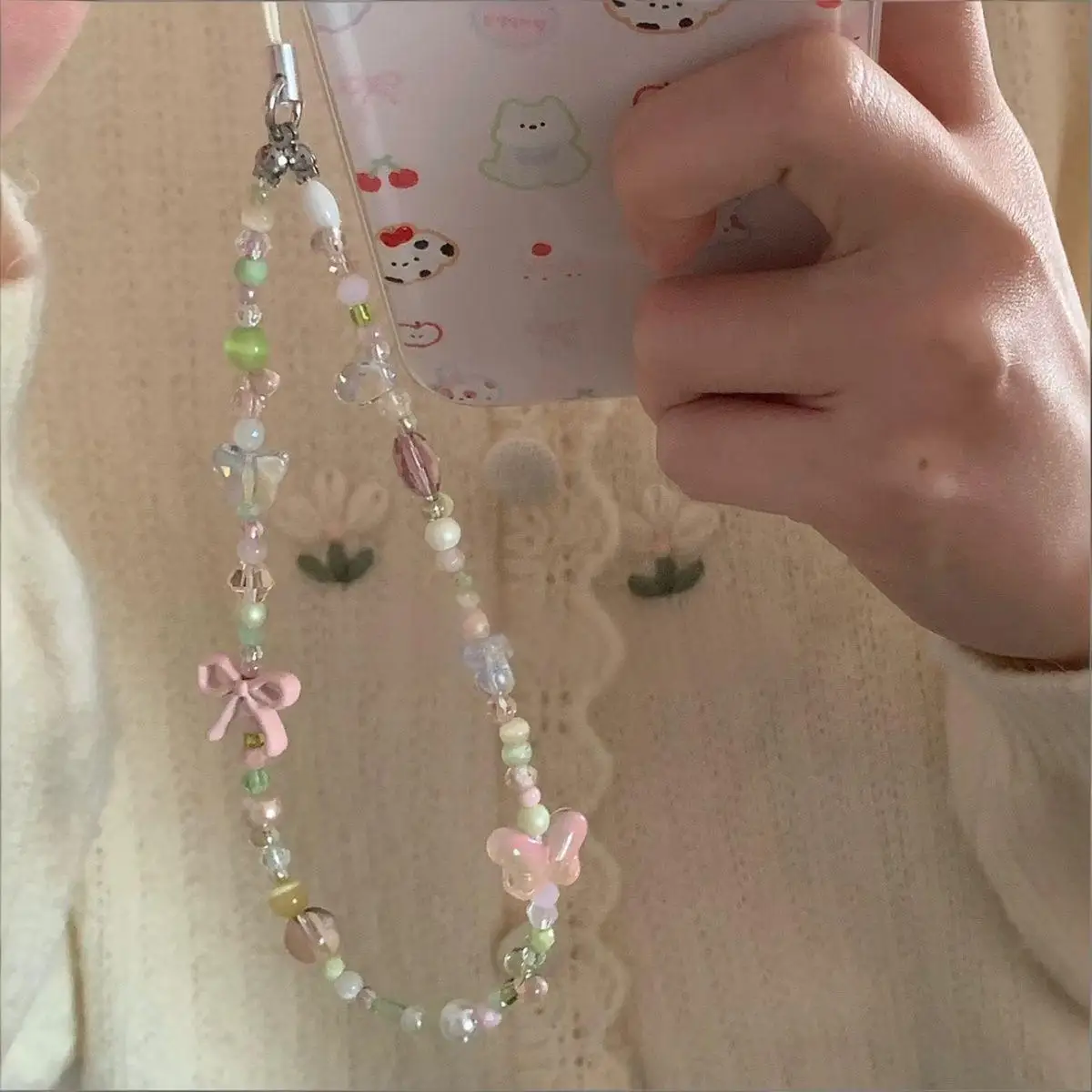 

Весенний ремешок для телефона с бантом-бабочкой и бисером, оригинальная короткая цепочка ручной работы для запястья, кулон с камерой CCD, очаровательный ремешок в стиле INS