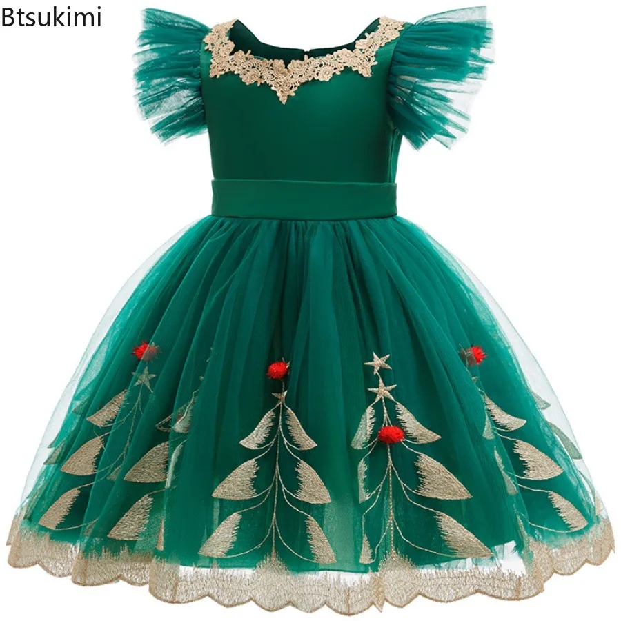 2026 Merry Christmas Girls Dress Green Cute Christmas Tree Mesh Fashion Gown Girls Princess Dress Party Costumes 3-10 Years Kids