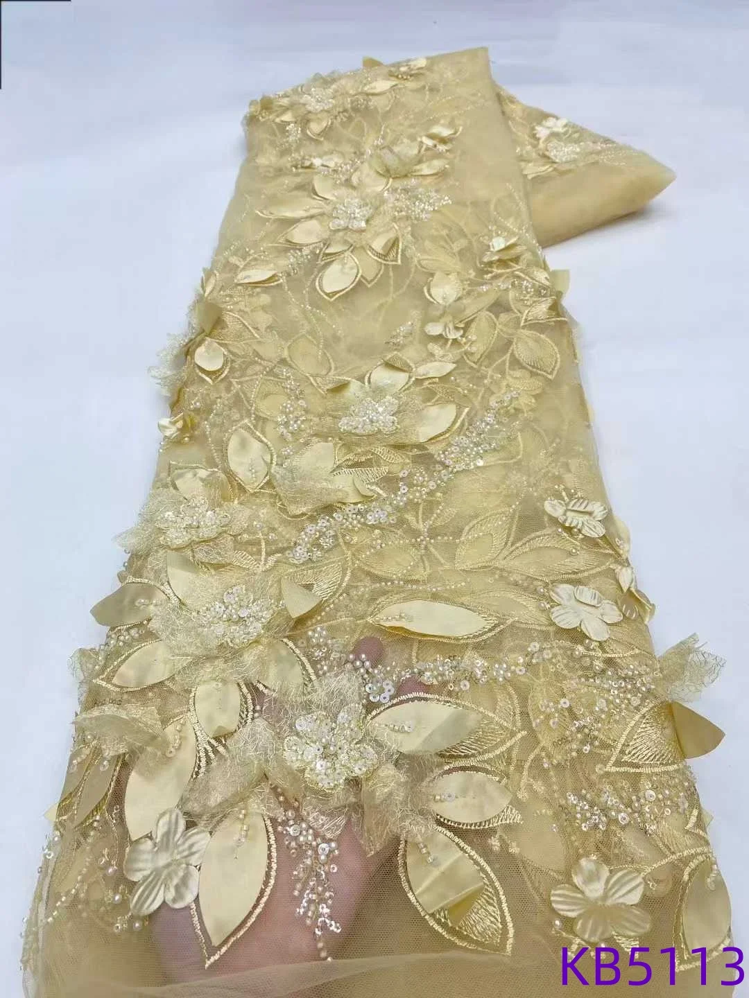 5 ياردة الوردي الأفريقي ثلاثية الأبعاد زهرة الخرز أقمشة الدانتيل النيجيري السماء الزرقاء تسلسل تول الدانتيل الخرز لفستان حفل الزفاف KB5113