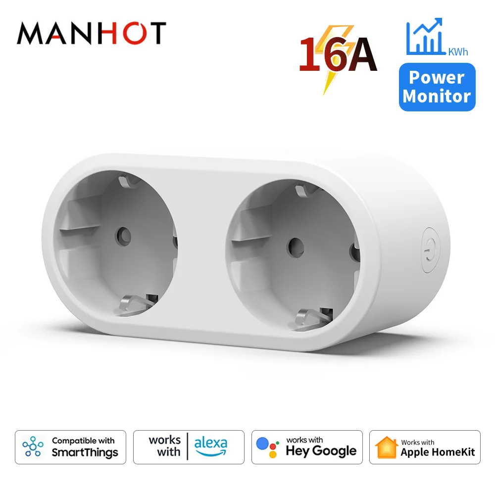 16A WiFi Smart EU Dual Plug Socket 2 In 1 with Monitoring timer Smart Life APP Remote Control Works With HomeKit Alexa Google