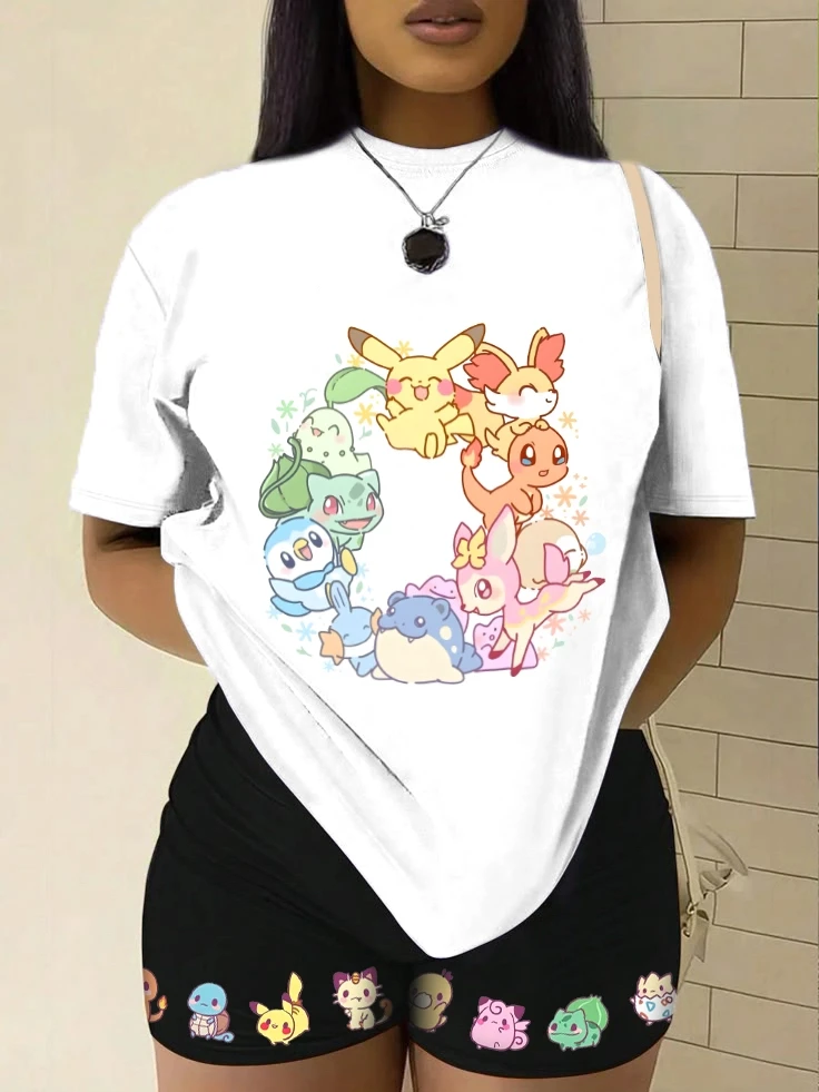 

Summer 2026 New Pokemon Cotton T Shirt Multiple Character Circle Front Print with Pikachu Charizard Designs Loose Fit Women