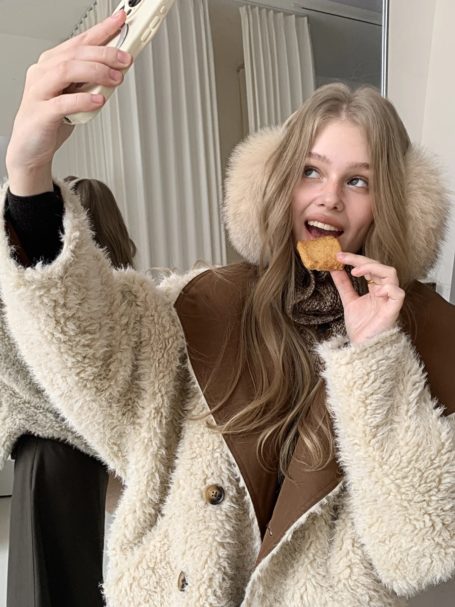 

IlisWANG Double-Sided Winter Warm Faux Fur Jaet Plu Cozy Outerwear Eco-Friendly Polyester Ladies Long Sve Coat