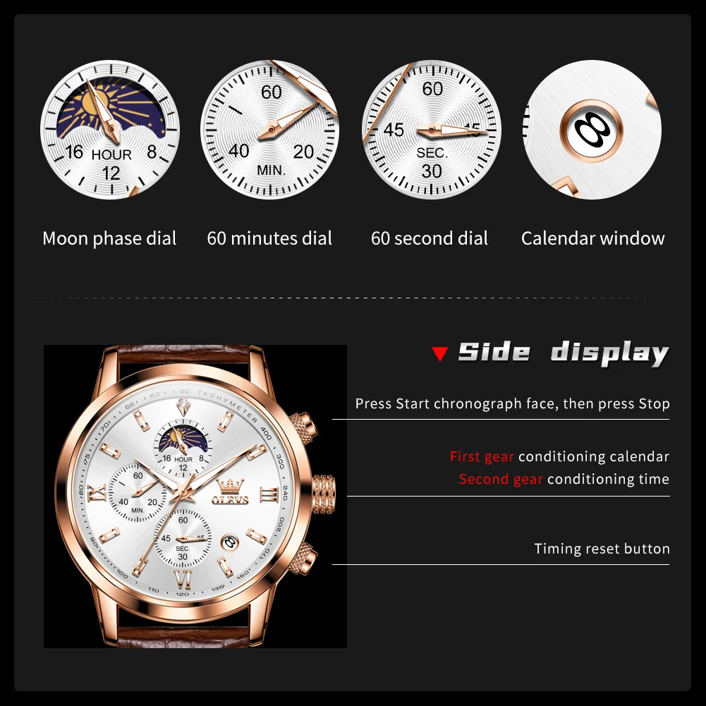 OLEVS-Montre Classique Étanche pour Homme, Chronographe, Échelle Romaine, Phase de Lune, Date existent, Montres-Bracelets Originales, 9812