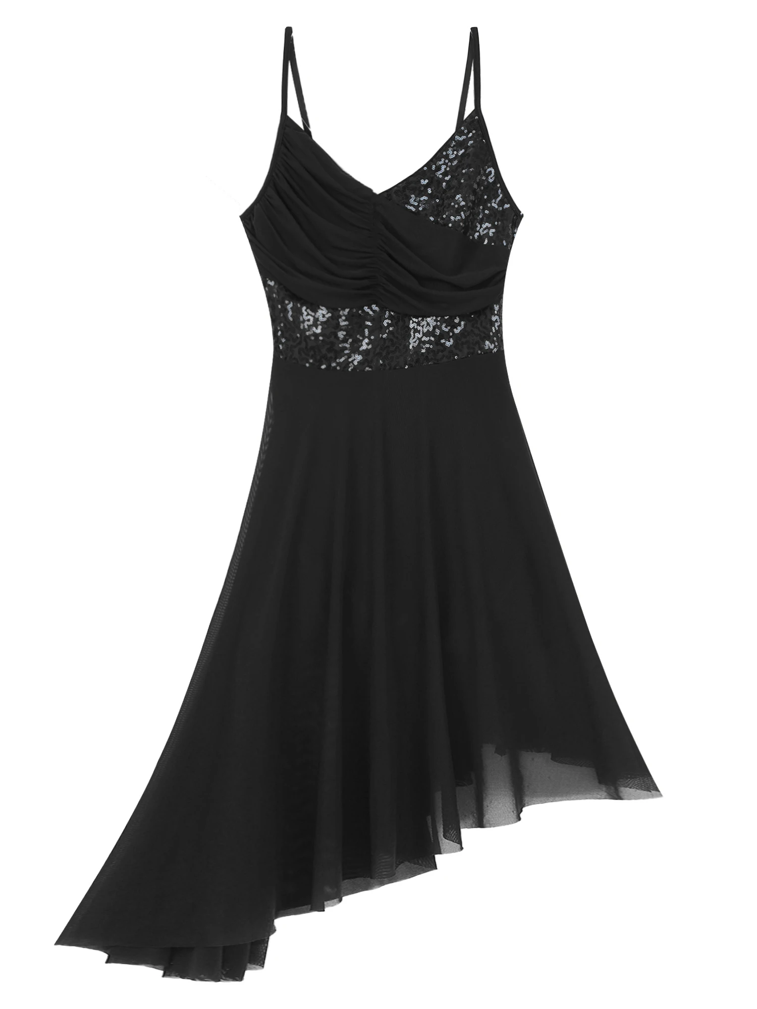 Lyrisches Tanzkleid für Damen mit Pailletten, Chiffon, durchsichtiges Netz, ärmellos, asymmetrischer Saum, Ballett-Gymnastik-Trikot, Eislaufen-Kostüm