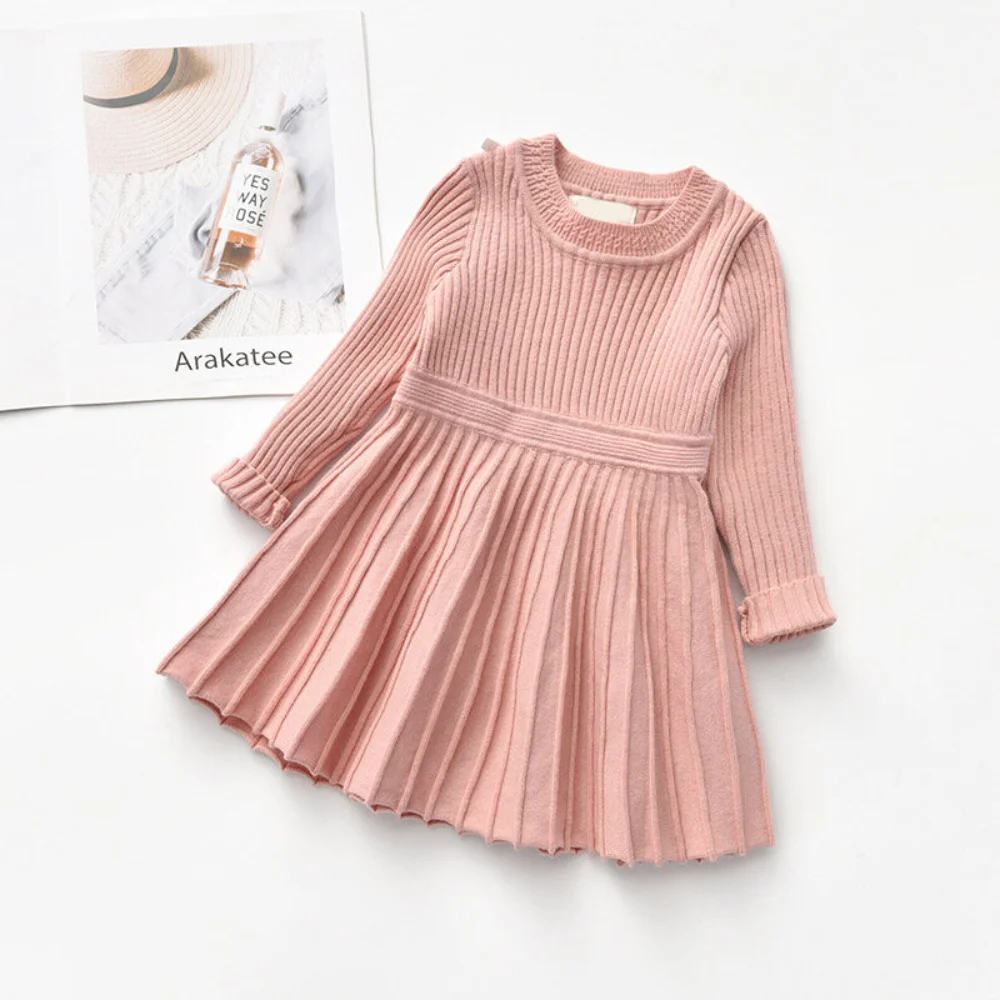 Flower Girl Dresses Autumn and Winter Solid Color Round Neck Long Sleeved Pleated Base Dress Kids Dresses for Girls