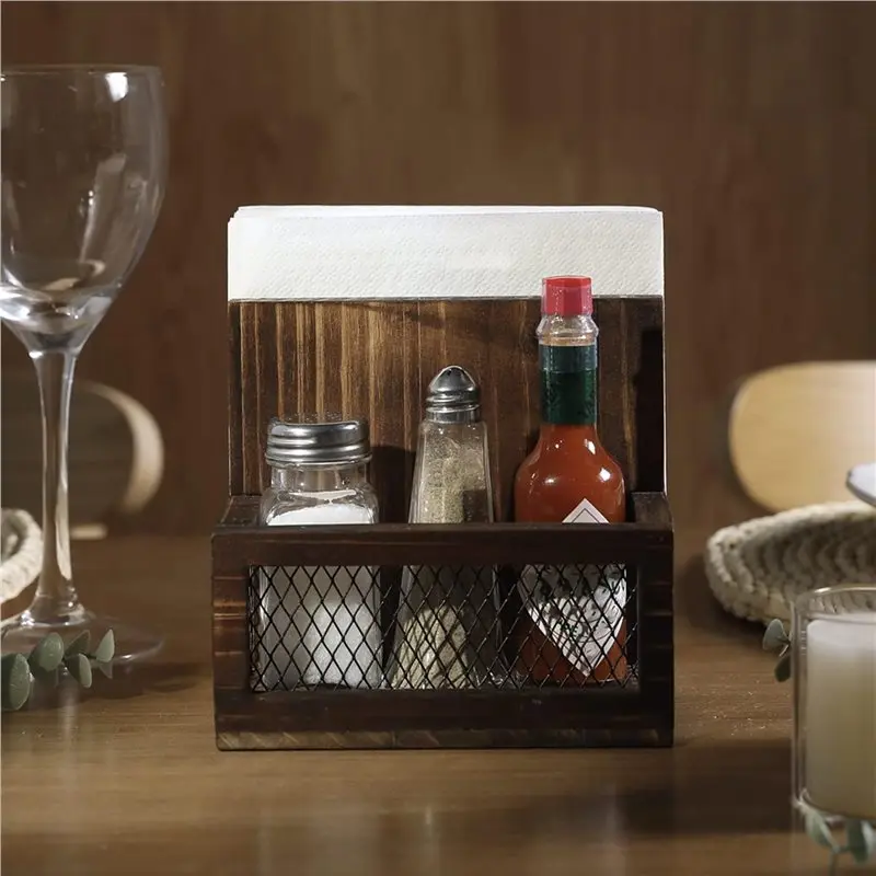 ABFU-2X Farmhouse Multifunctional Napkin Holder Rustic Solid Burnt Wood & Diamond Metal Wire Mesh