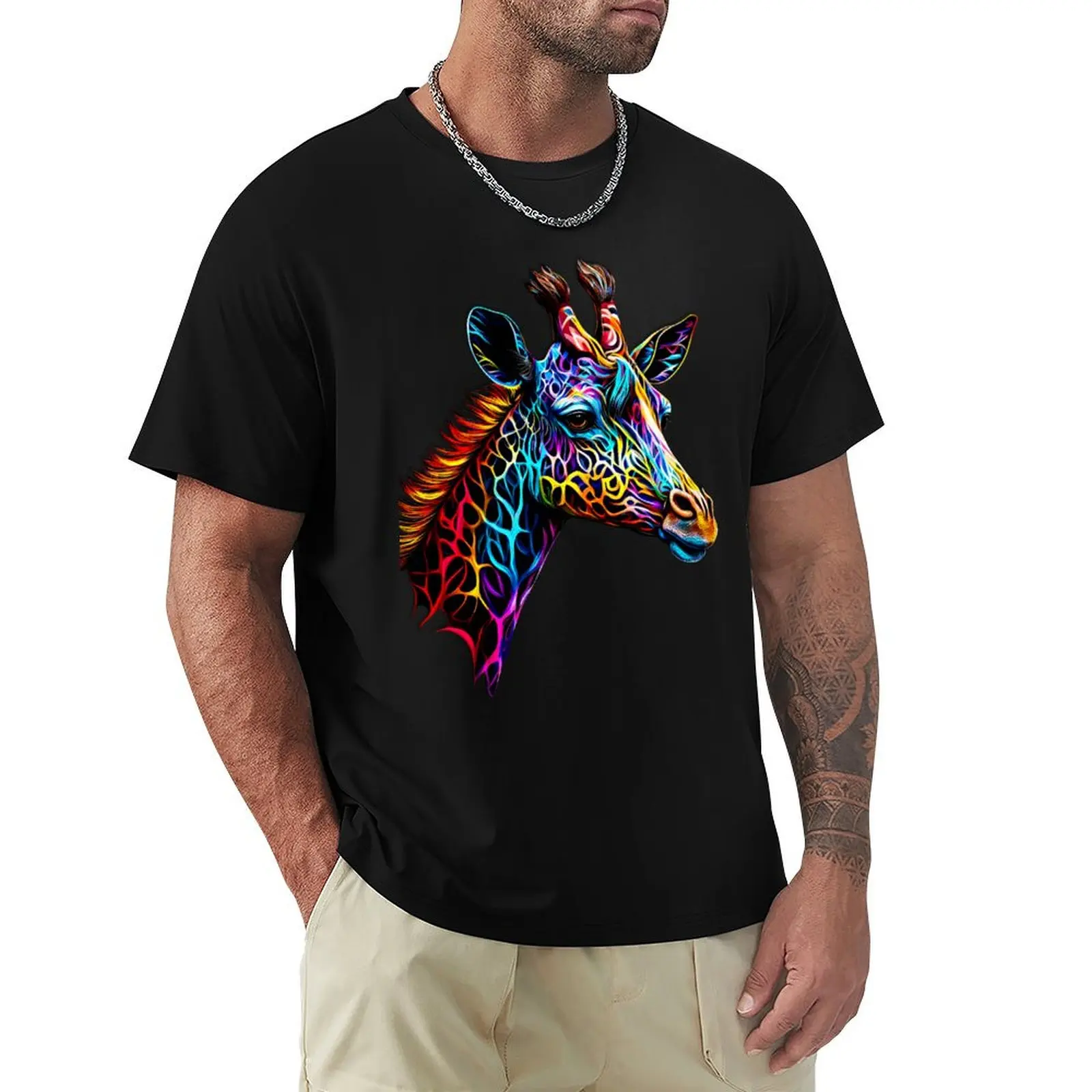 vivid colorful giraffe in the style of radiant neon patterns T-Shirt plus size tops for a boy summer clothes t shirt men