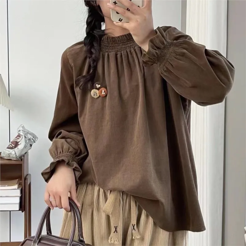 Johnature Casual Elasticated Half-high Corduroy Top Women Japanese Forest New Balloon Sleeve With Brooch Shirt Autumn Winter