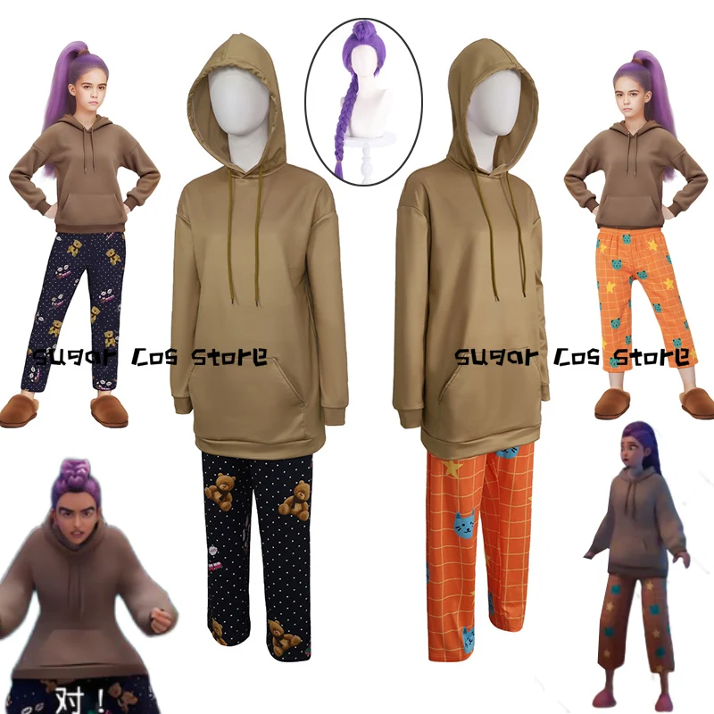 

Kids KPop Demon Hunters Rumi Cosplay Costume Wig Hooded Sweatshirt Print Sleeping Pants Suit Set Halloween Carnival Party Props