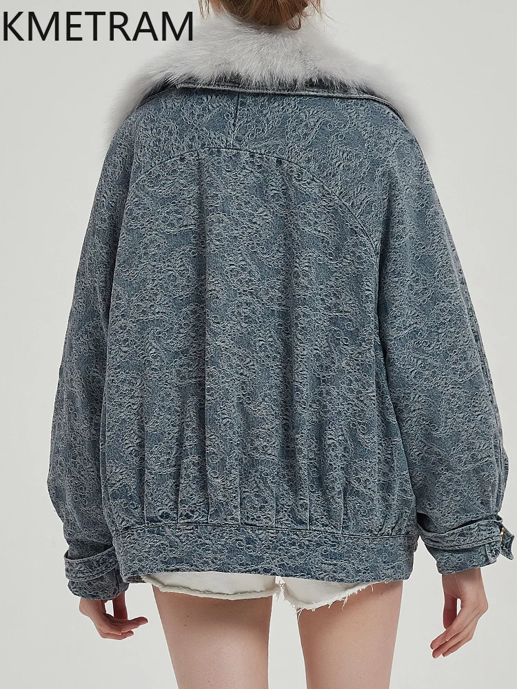 سترة KMETRAM 100% من فراء أرنب ريكس الطبيعي ببطانة داخلية للسيدات بياقة ثعلب جديدة في ملابس خارجية معطف فرو ريفا 2025 ملابس شتوية