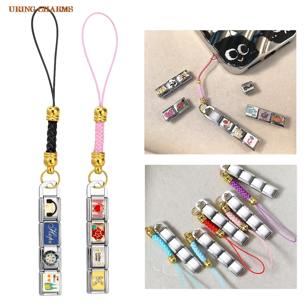 

Fashion Keychain with Colorful Twist Rope Fit 9mm Italian Charm Stainless Steel Mobie Phone Jewelry Making DIY Female Male Gifts
