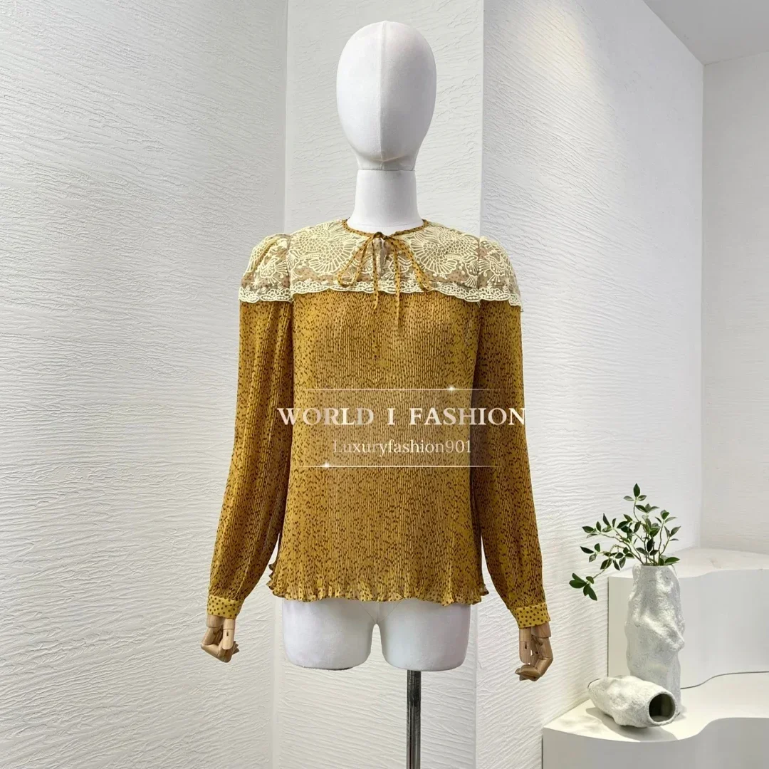 

Long Sleeve Lace Blouse Tops 2025 New Beautiful Grey Pleat Dots Print