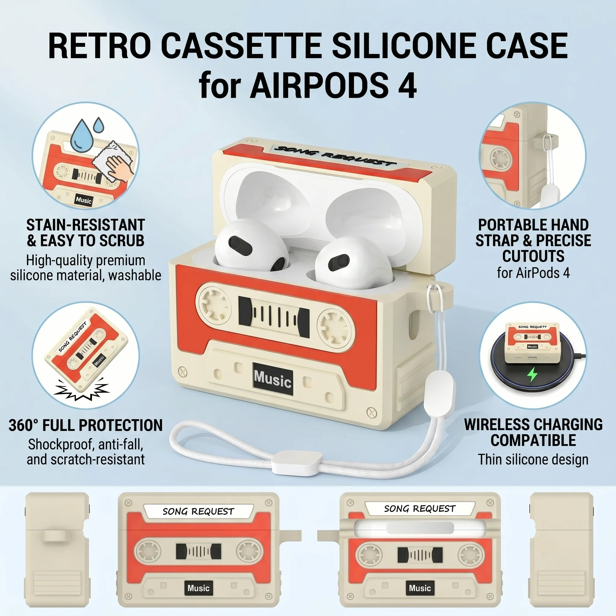 Retro Cassette Tape Case for AirPods 4 Soft Silicone Shockproof Cover with Lanyard Washable Wireless Charging Supported