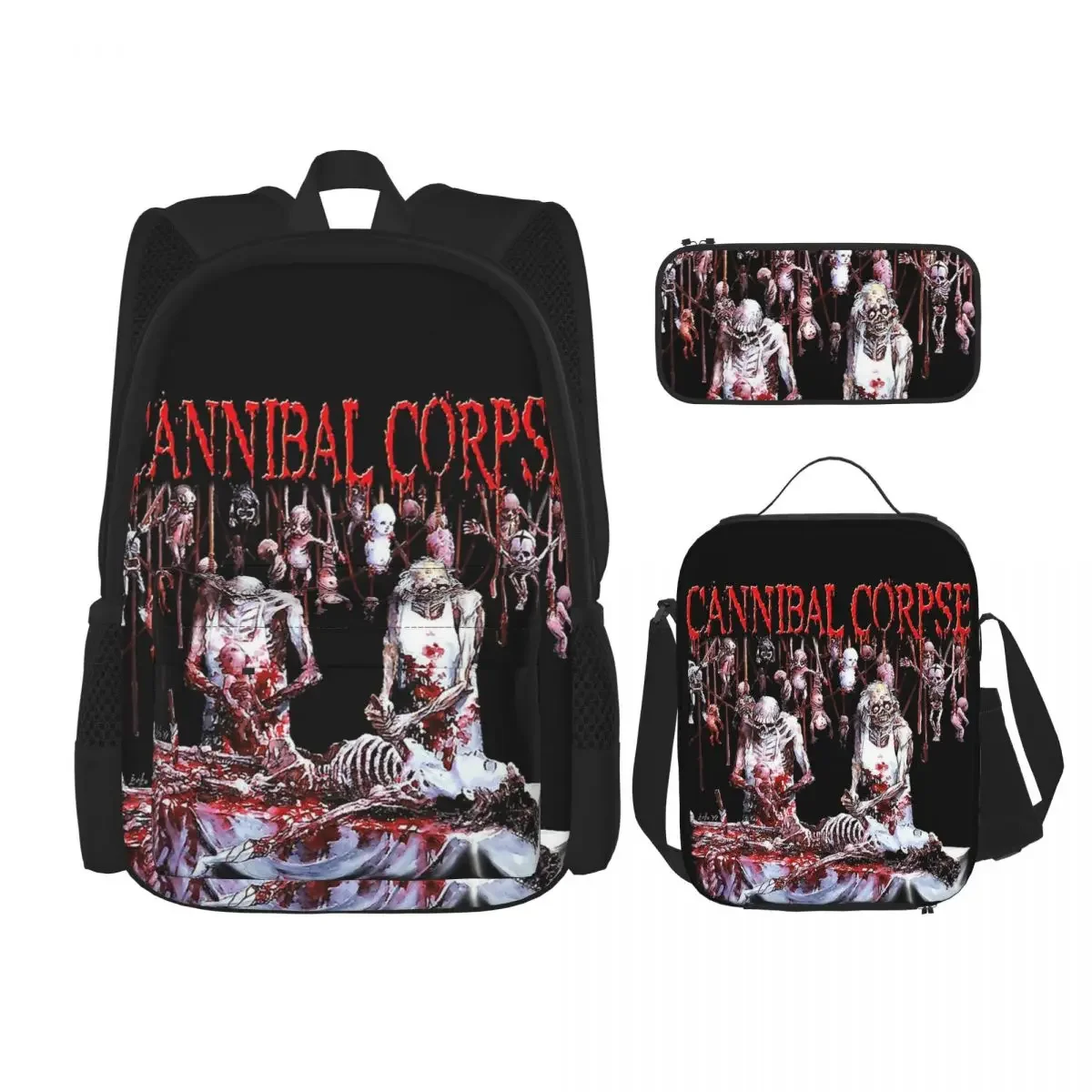 Cannibal Corpse mochilas para niños y niñas, mochila escolar de dibujos animados, bolsa de almuerzo, bolsa para bolígrafos, juego de tres piezas