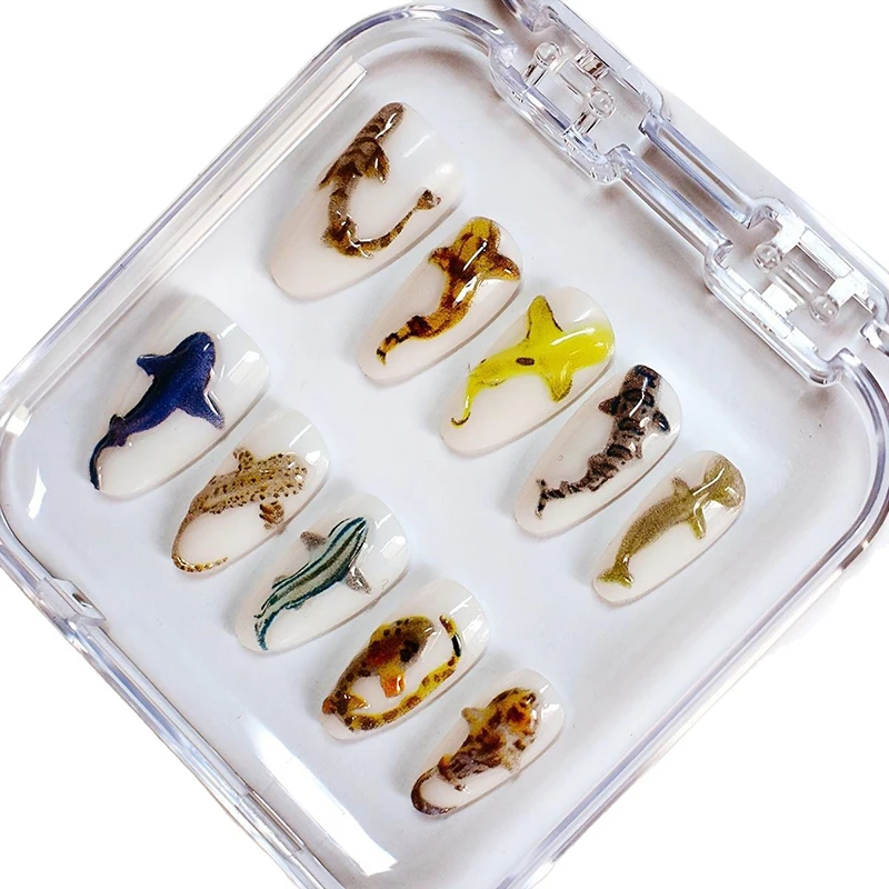 

10Pcs Deep Sea Shark Press On Nails Handmade Ocean-Inspired Almond Nail With 3D Octopus Shell Decor Design Fake Nails