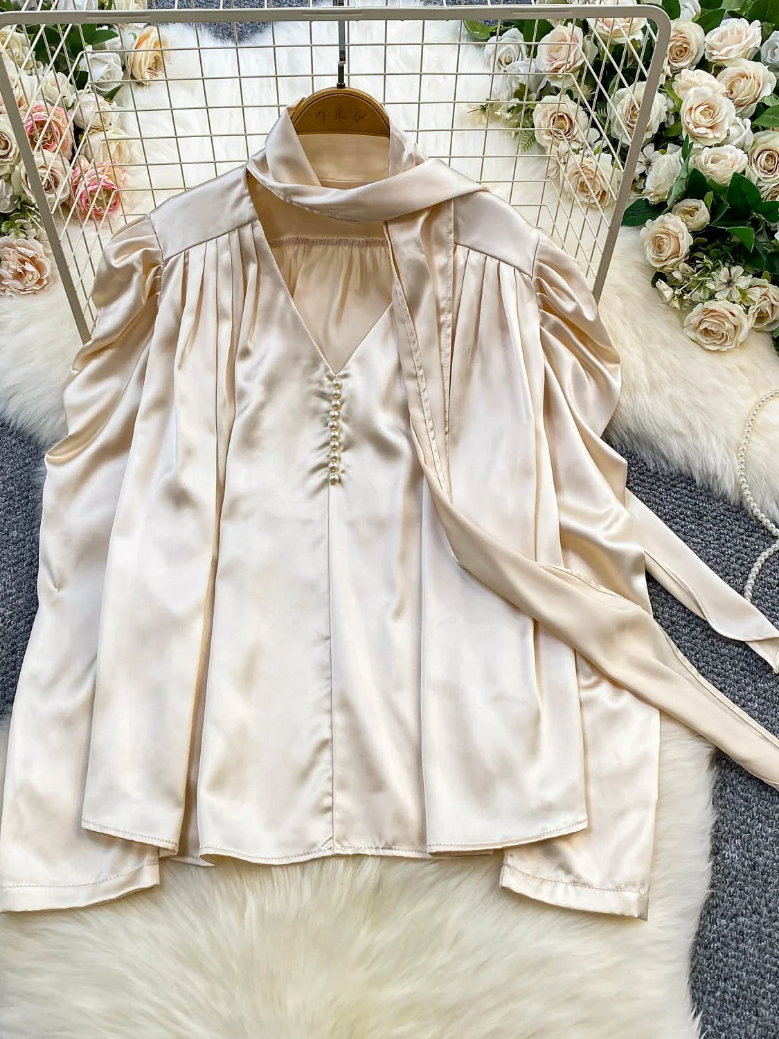 Ele Satin Dames irt V-Ne Anti-Rimpel Sa Herfst Faionable Maturi Lady Top Quali High-End Anti-Aging irt