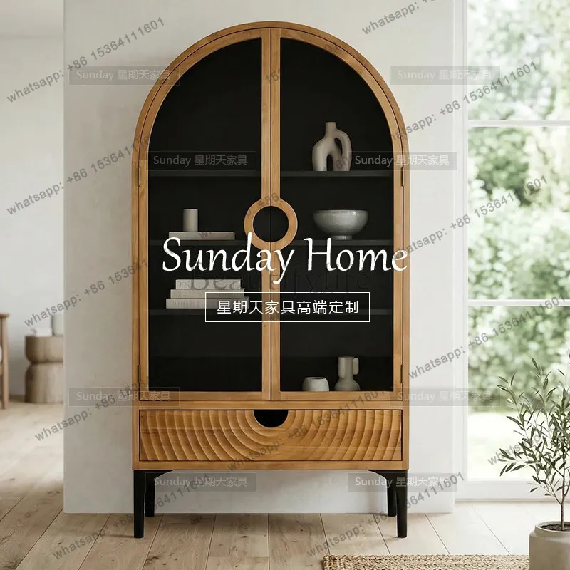 Factory Direct Wabi Desert Wood Color Laminate Wine Cabinet Glass Double Door Display Cabinet