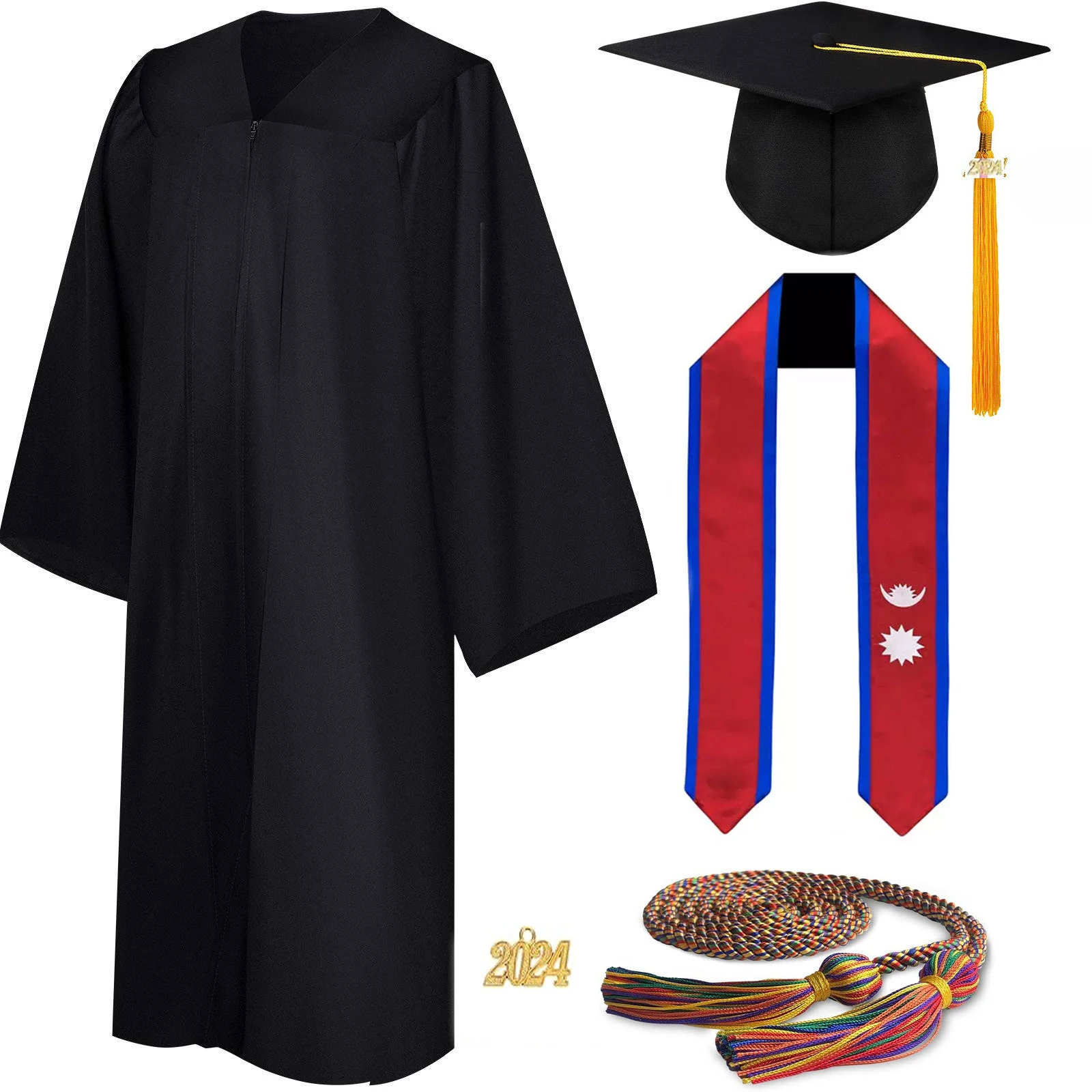 Graduação Matte Vestido para Homens e Mulheres, Cap Tassel, Stole Set, Honor Cord, Charme para Graduação, 4 PCs, 2024