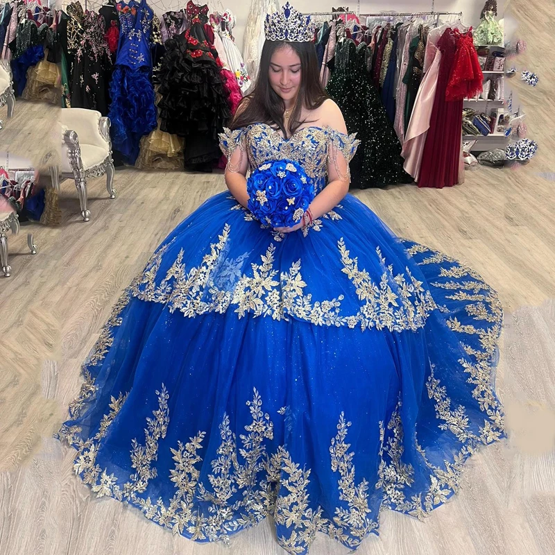 

Blue Quinceanera Dresses Ball Gowns For Sweet 16 Girls Beads Gold Appliques Graduation Gown Lace UP Vestidos De 15 Años