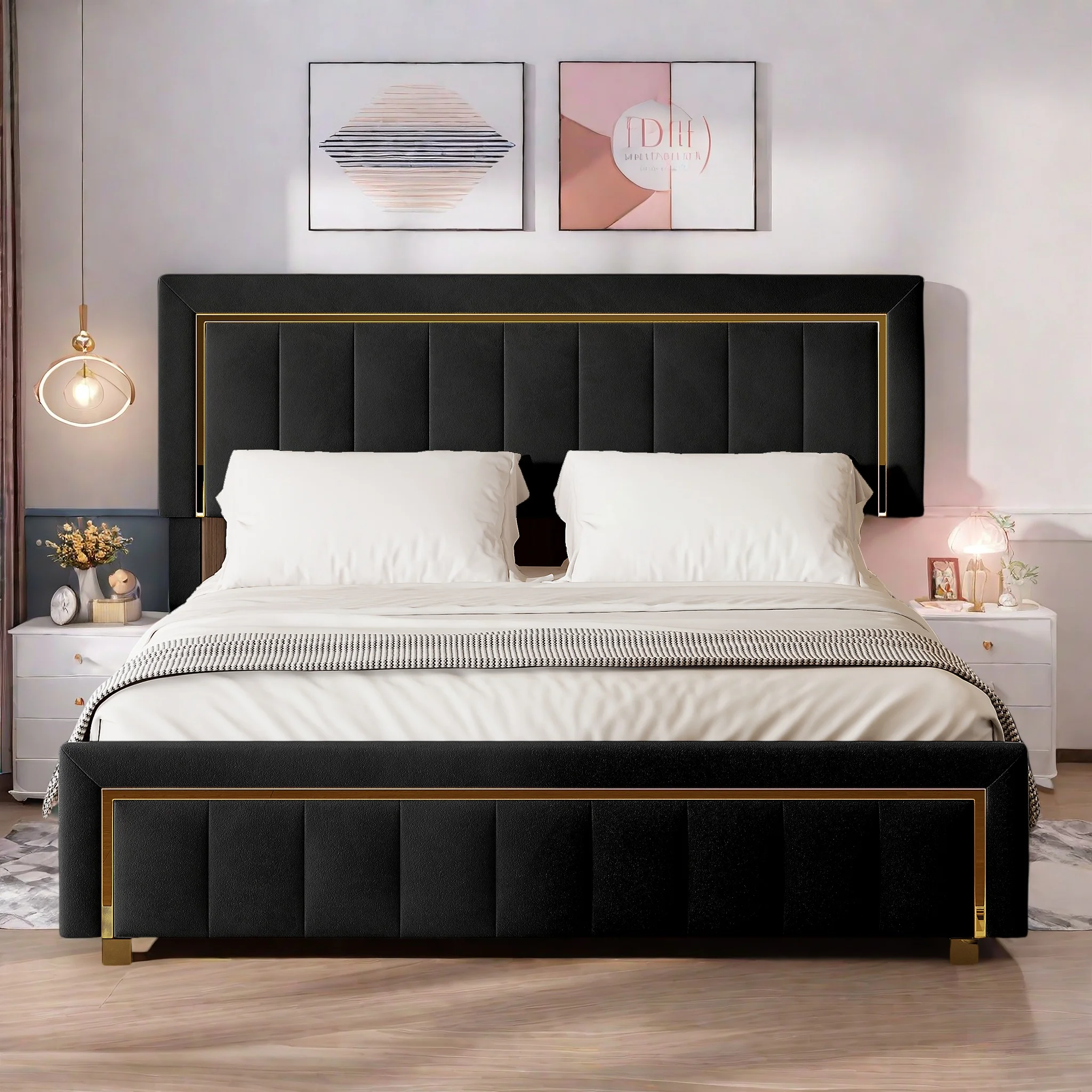 Lit double rembourré Superaly140x200cm avec sommier à lattes, lit hydraulique avec espace de rangement, velours, noir