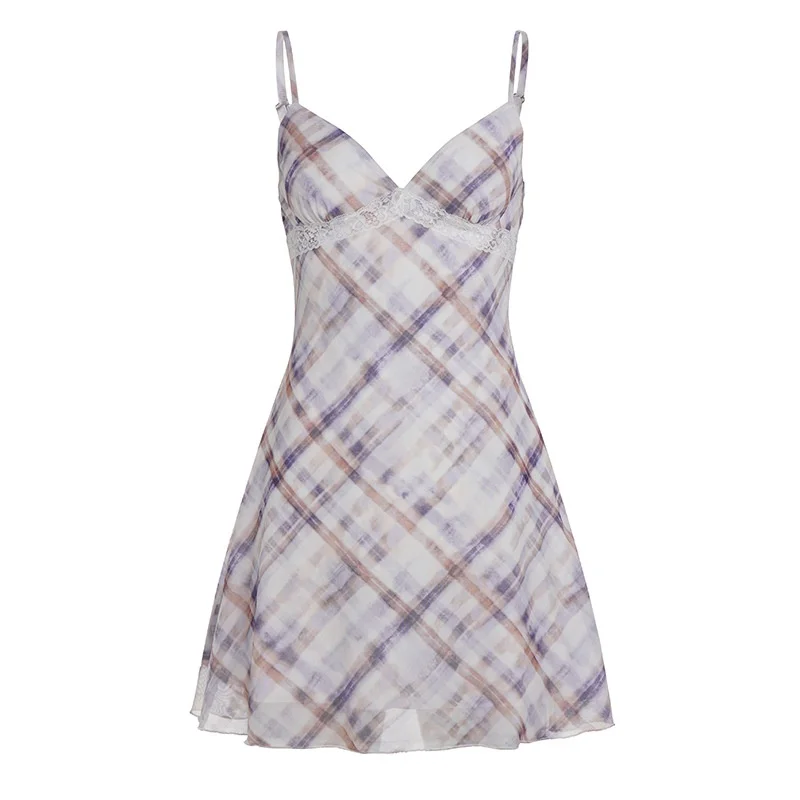

Sexy Backless Lace Splice Mesh Gingham Print Halter Dress Women's High Waist A-Line Skirt Casual Summer Short Dress
