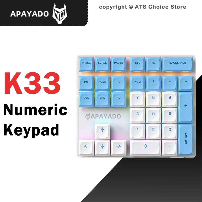 APAYADO K33 Mechanical Numeric Keypad 33 Keys RGB Backlit PBT Keycaps USB Wired Mini Numpad Blue/Red Switch