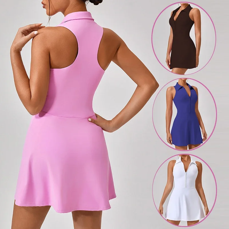 

2024 Tennis Dresses Women 2-in-1 Golf Sports Fitness Dress with Built-in Shorts Ladies Sleeveless Polo V-Neck Workout Skirts