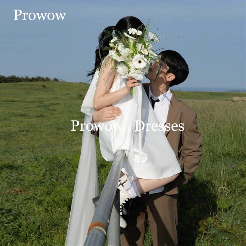 Prowow Simple Silk Satin Short Wedding Dresses Korea Photoshoot O Neck Bridal Gowns Vestido De Noiva Detachable Bow Customized