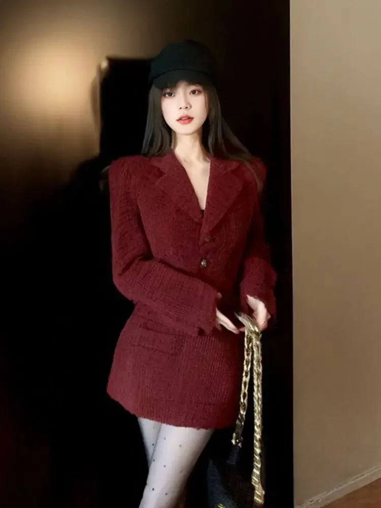 Insozkdg Winter New High-End Thick Red Suit Jacket and Skirt Set for Women Korean Fashion Slimming Christmas Outfit Lady Girl