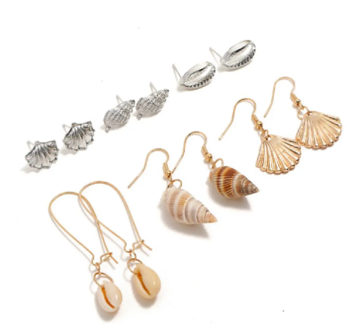 12 Pcs Fashion Summer Shell Ocean Breeze Scallop Silver Gold Colour Earrings Set Women Seaside Outdoor Holiday