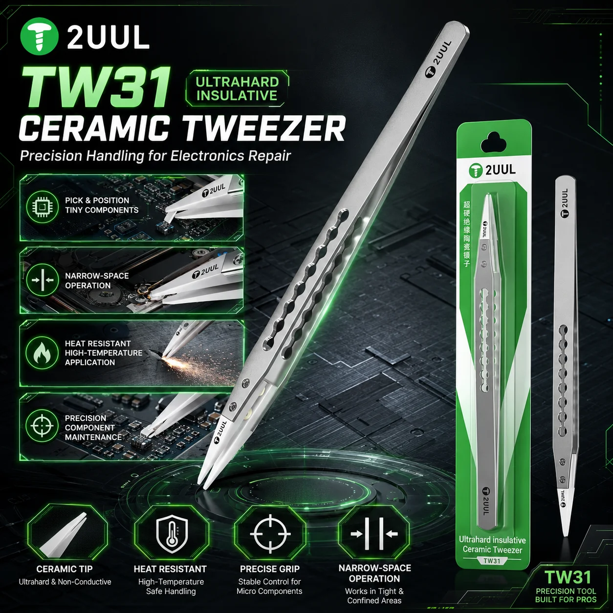 

2UUL TW31 Ultrahard Insulative Ceramic Tweezers Heat Resistant Precision Repair Tool for Phone PCB Motherboard Components