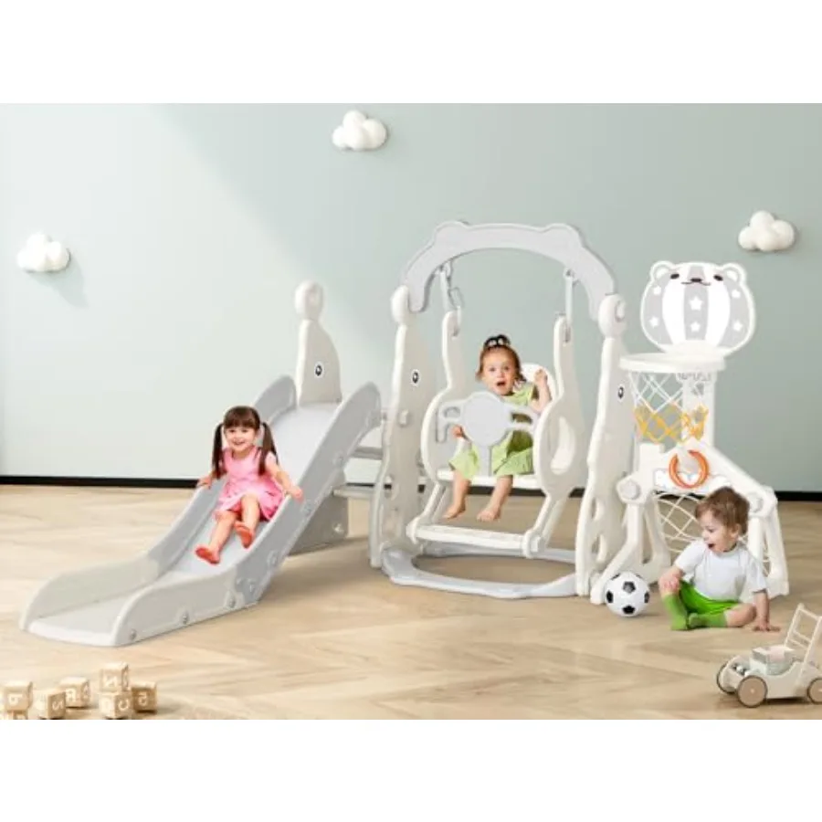 

6 in 1 Toddler Playset with Slide Swing Soccer and Ring Toss for Ages 1-3 Indoor Outdoor Playground Gray