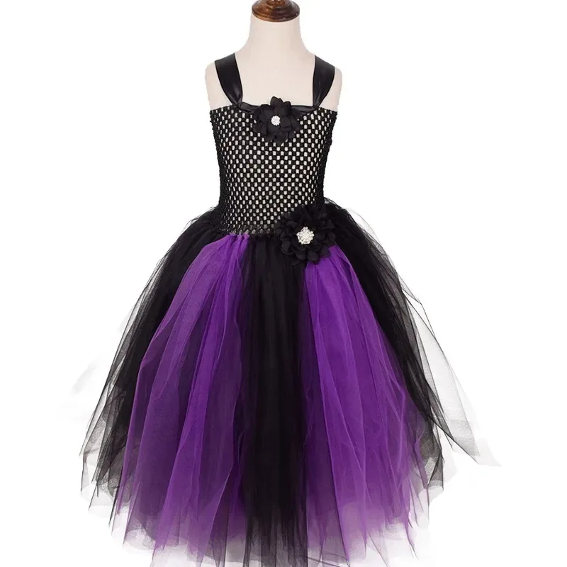 Long Tulle Puffy Dress for Girls,  Witch Style Kids' Black & Purple Tulle Gown,  Halloween Party & Stage Performance Clothes